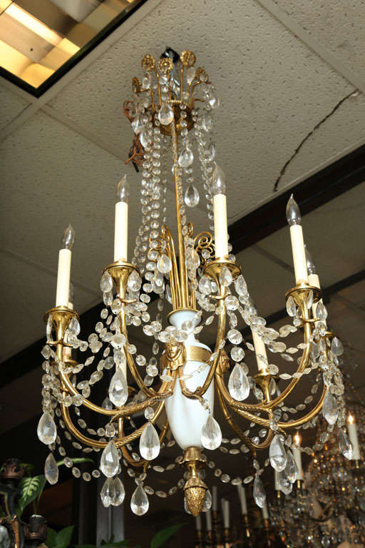 Russian Style Bronze, Opaline Glass and Crystal Chandelier In Good Condition For Sale In New York, NY