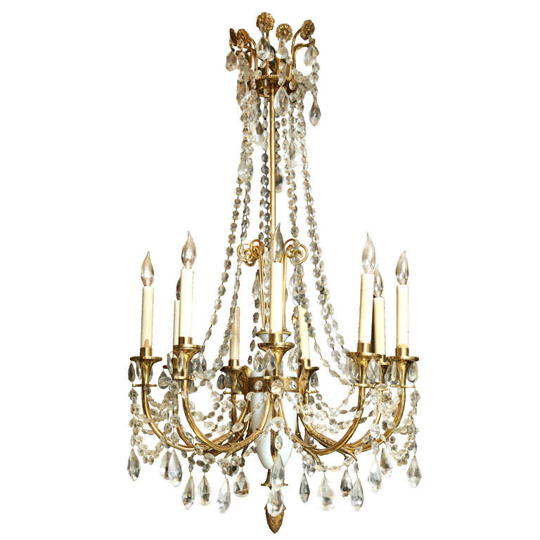 Russian Style Bronze, Opaline Glass and Crystal Chandelier For Sale