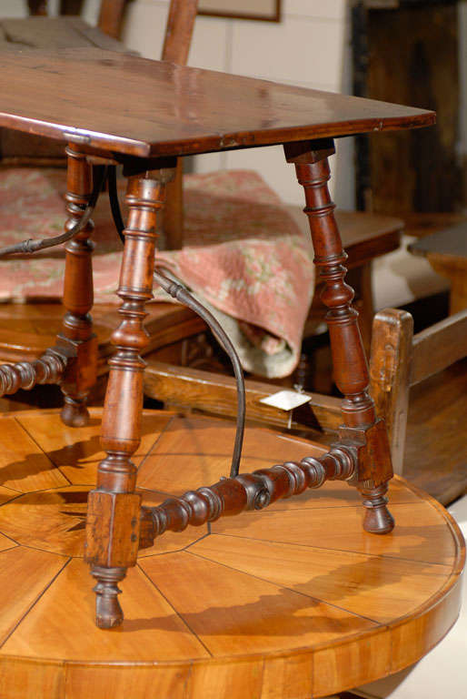 Petite 19th Century, Spanish Fratino Table with Iron Stretcher and Turned Legs In Good Condition In Atlanta, GA