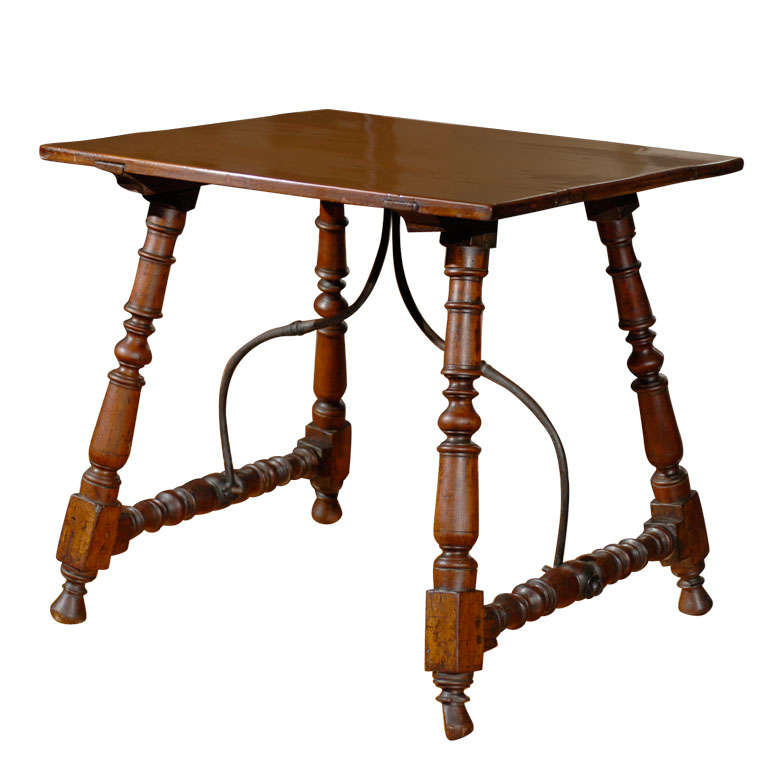Petite 19th Century, Spanish Fratino Table with Iron Stretcher and Turned Legs