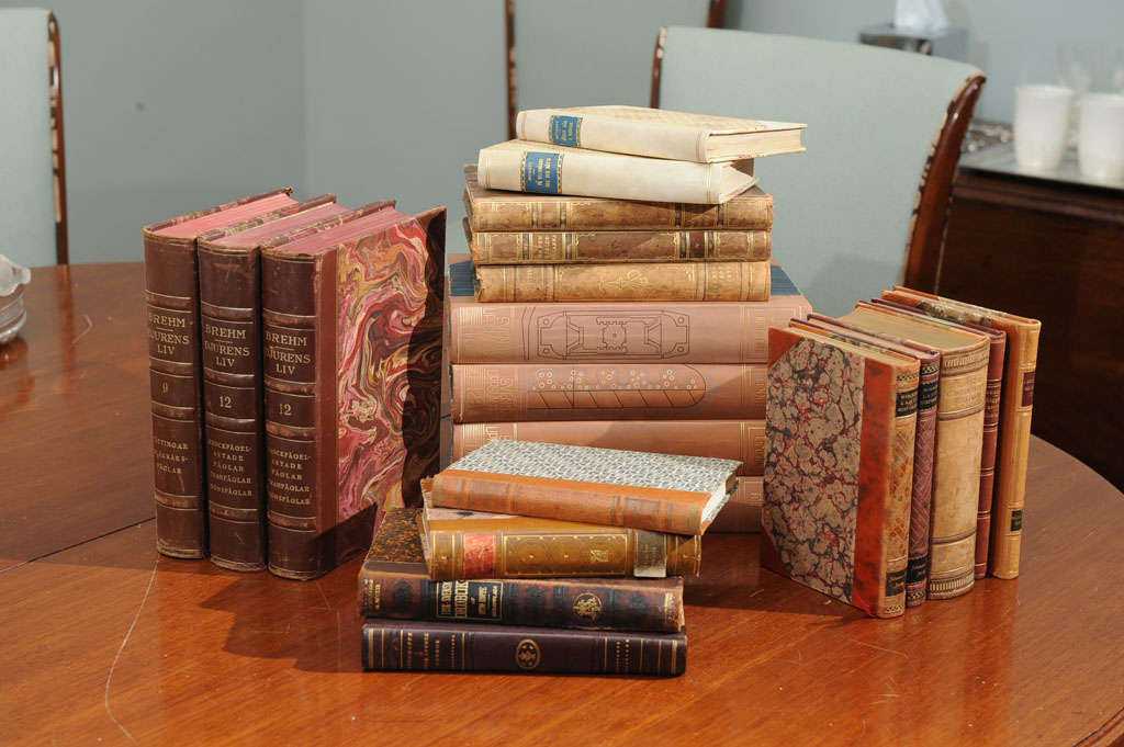 A perfect way to decorate your shelves are with warm rich leathers, marbled details, and antique gilt. These books are the perfect accent to any room from traditional to contemporary in style. We have antique leather books available in a variety of