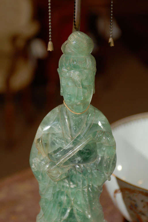 19th Century Large Green Quartz Guanyin  Figurine wired into a lamp