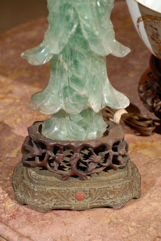 Wood Large Green Quartz Guanyin  Figurine wired into a lamp