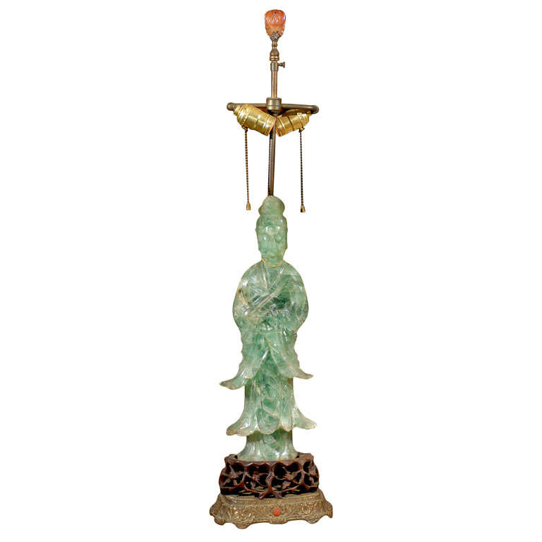 Large Green Quartz Guanyin  Figurine wired into a lamp