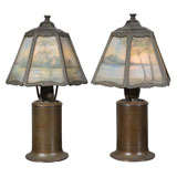 Antique Pair of Reverse Painted Boudoir Lamps