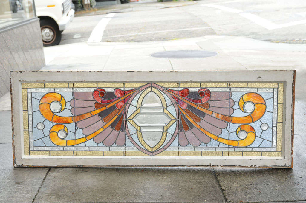 Antique Beveled and Stained Glass Transom Window