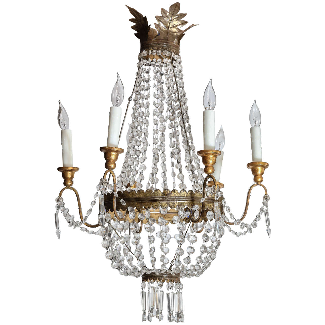 Italian Vintage Metal And Wood Crystal Chandelier With Six Arms For Italian Vintage Metal And Wood Crystal Chandelier With Six Arms For