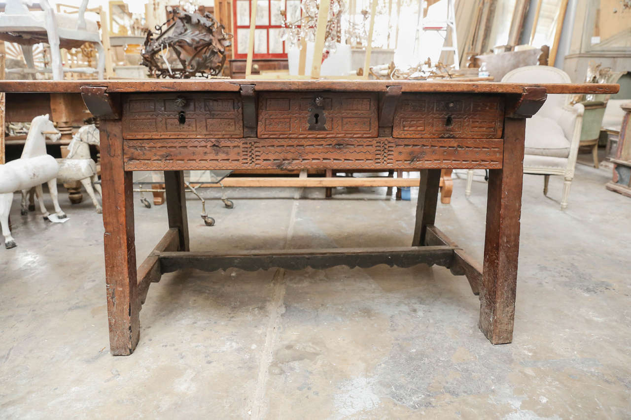18th Century and Earlier 17th Century, Italian Walnut Table with Three Drawers