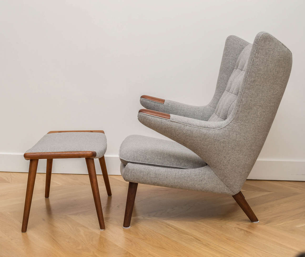 Great example of the Hans Wegner Papa Bear chair and ottoman.
All refinished and newly reupholstered in a Maharam wool.