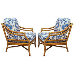Pair of Vintage Bamboo Rattan Lounge Chairs