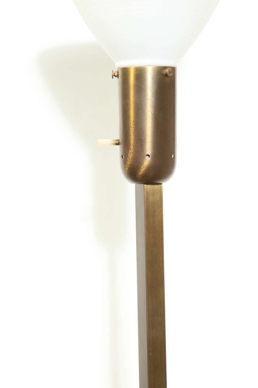 Nessen Studios Brass & Walnut Reading Floor Lamp with White Glass Shade, 1950's  For Sale 3