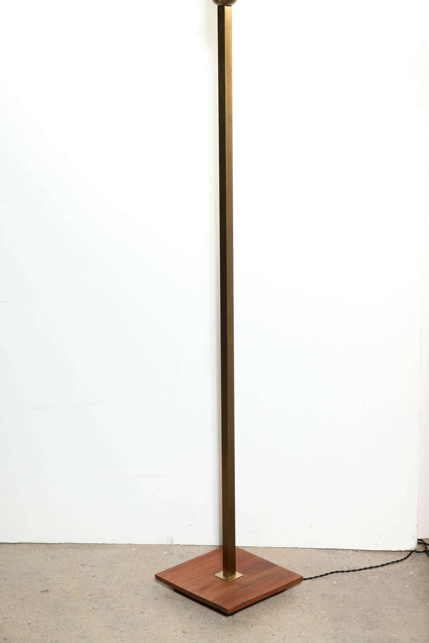 American Nessen Studios Brass & Walnut Reading Floor Lamp with White Glass Shade, 1950's  For Sale