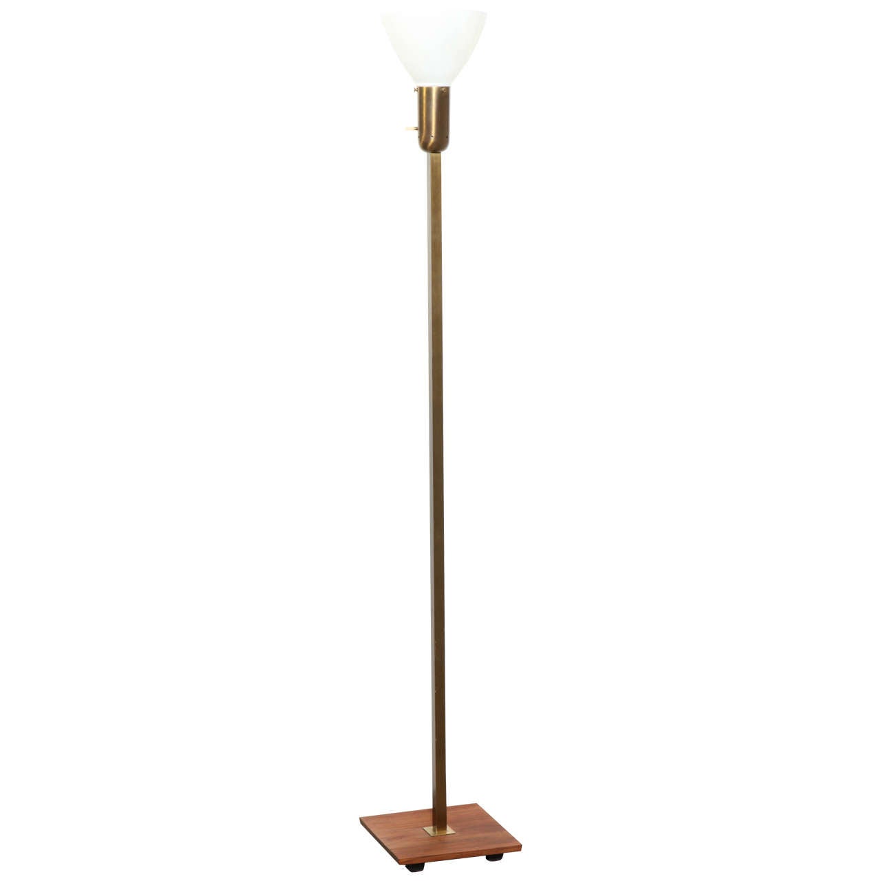 American Mid Century Modern Nessen Studios Brass and Walnut Floor Lamp with White Milk Glass Liner Shade. Featuring a square Brass tubular column, classic Nessen Brass socket, with period opaque Glass Liner Shade (8W x 5.5H), atop a square Walnut