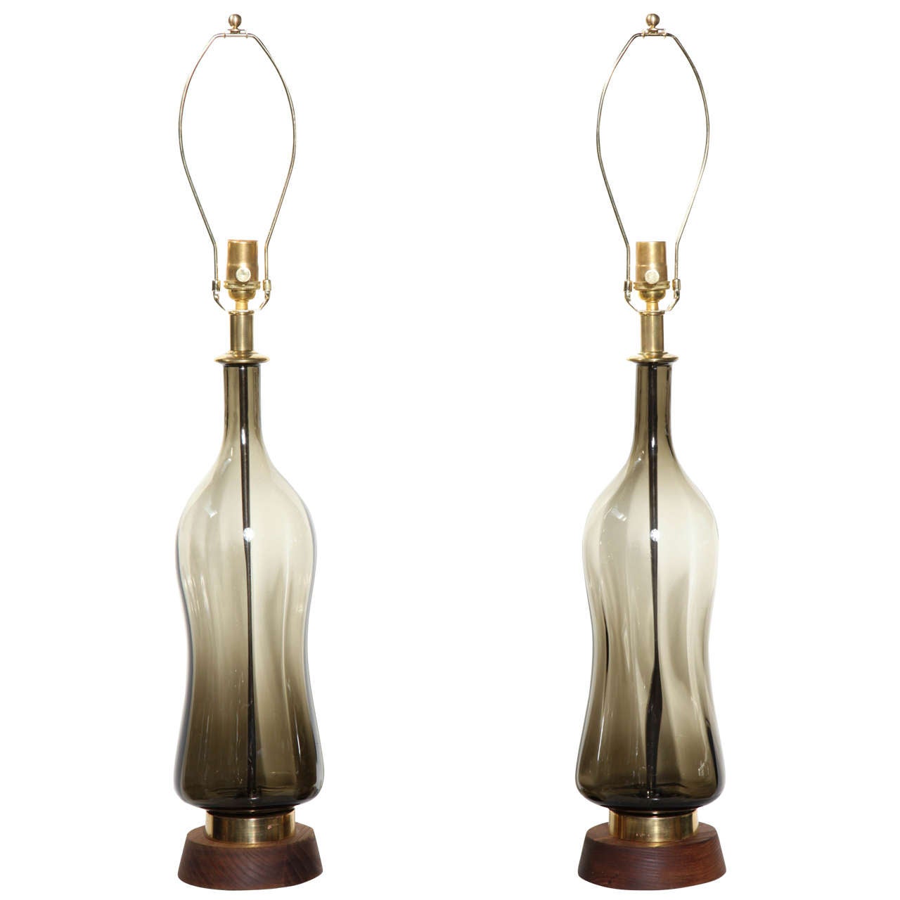 Monumental Pair of Blenko Style Olive "Hourglass" Glass Table Lamps, 1950s For Sale