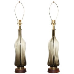 Monumental Pair of Blenko Style Olive "Hourglass" Glass Table Lamps, 1950s