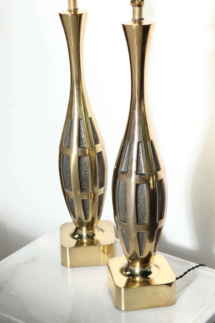 Tall Pair of Westwood Studios Brutalist Brass Table Lamps, circa 1950s 3