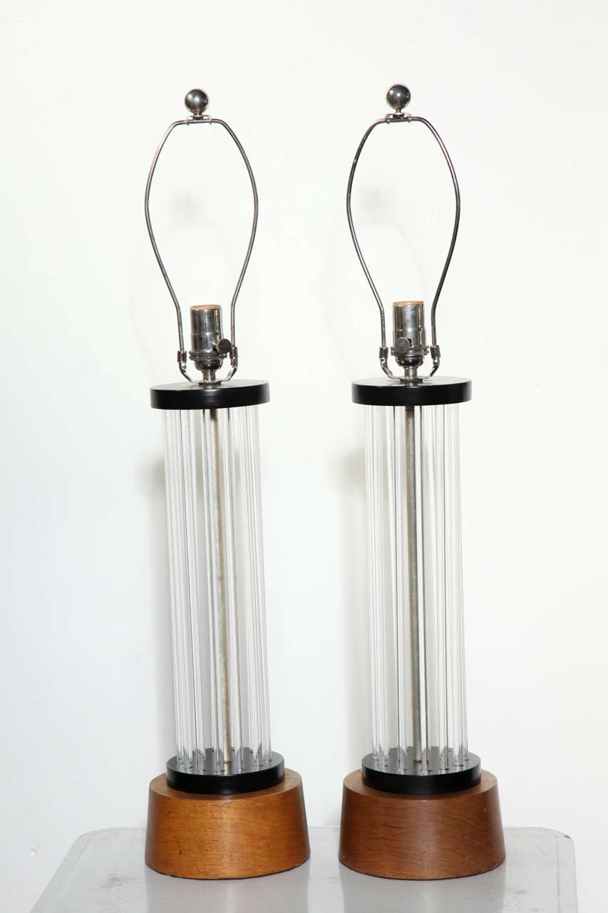 Art Deco Pair of Clear Lucite Rod, Walnut & Black Enamel Column Table Lamps, 1930s  For Sale