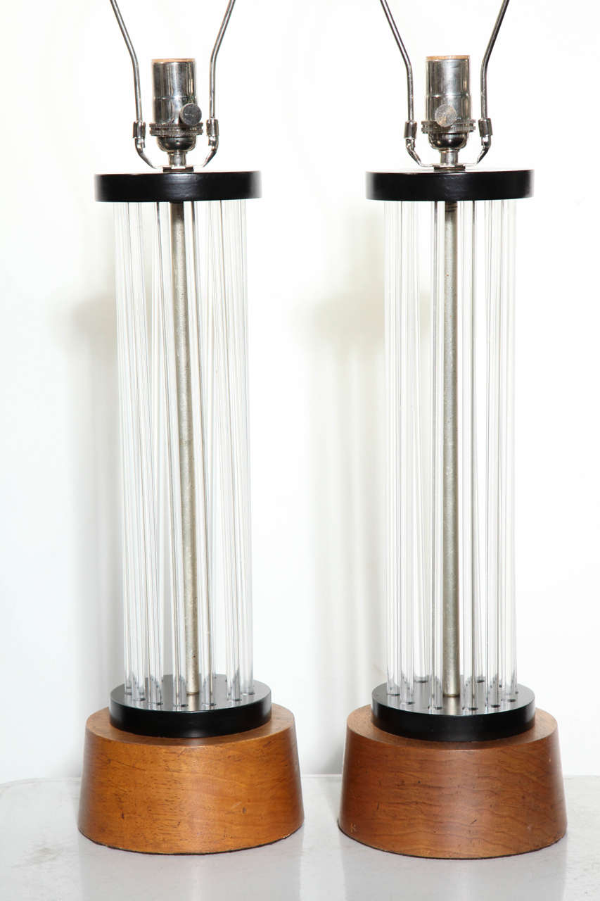 American Pair of Walnut & Black Enamel Column Table Lamps with 13 Clear Lucite Rods For Sale