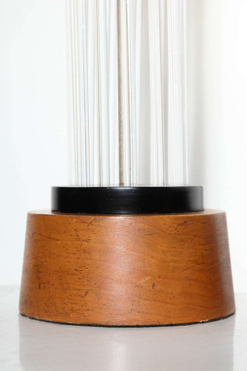 Wood Pair of Walnut & Black Enamel Column Table Lamps with 13 Clear Lucite Rods For Sale