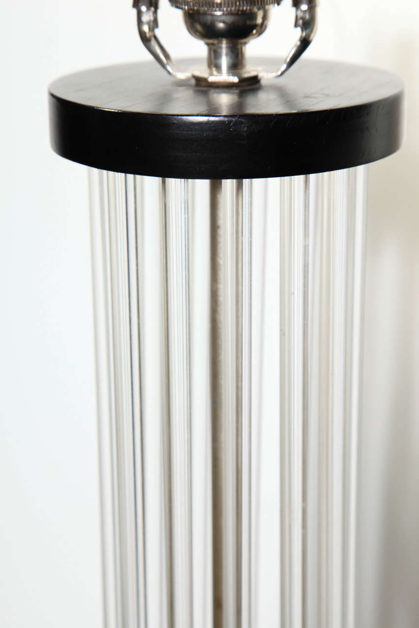 Enameled Pair of Clear Lucite Rod, Walnut & Black Enamel Column Table Lamps, 1930s  For Sale