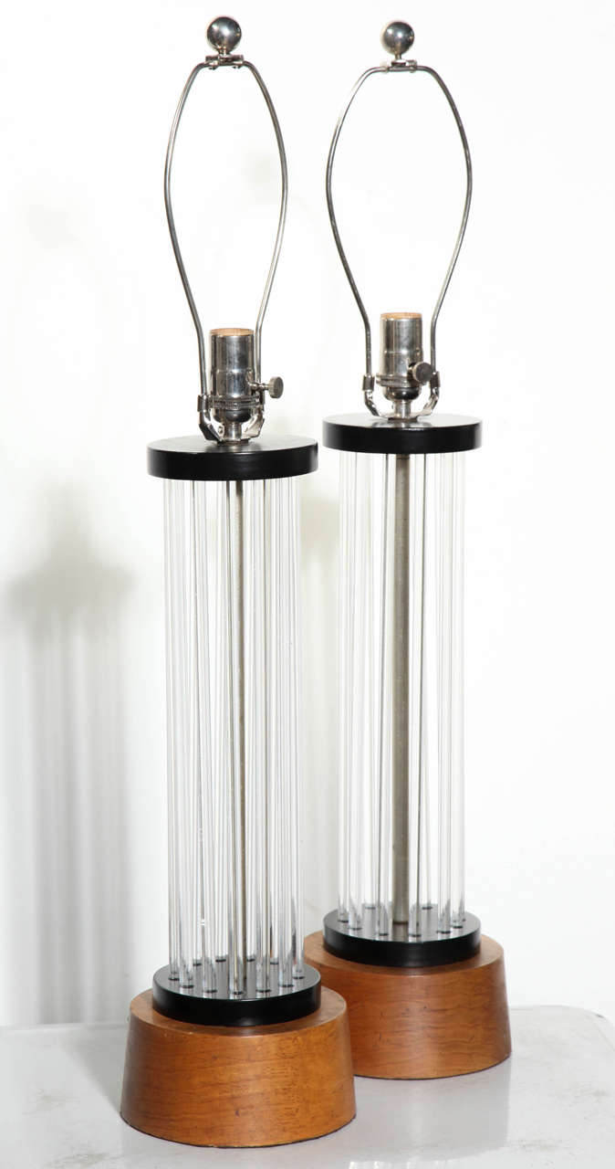 Pair of Walnut & Black Enamel Column Table Lamps with 13 Clear Lucite Rods For Sale 1