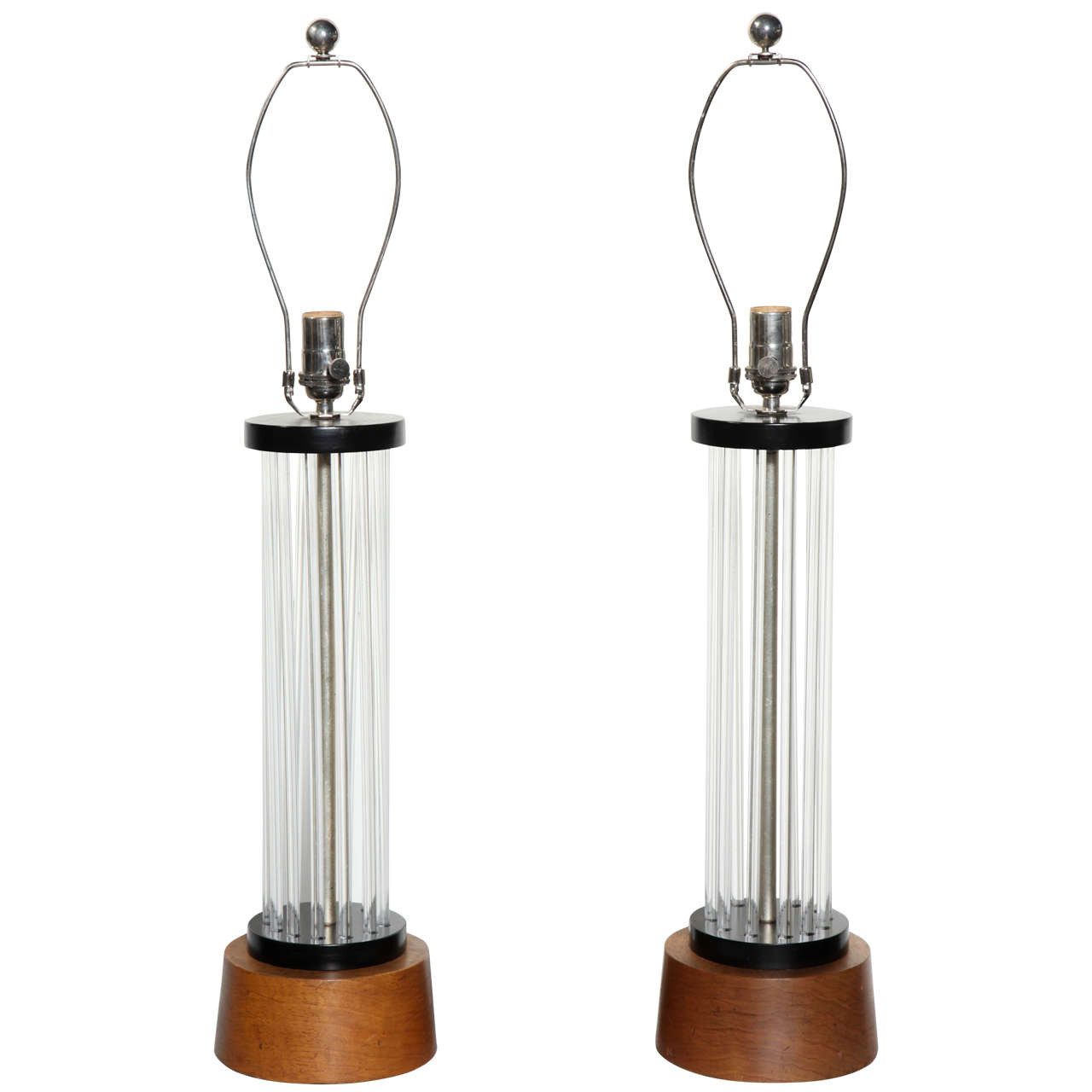 Pair of Walnut & Black Enamel Column Table Lamps with 13 Clear Lucite Rods For Sale