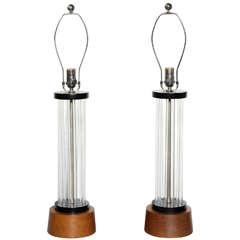 pair of Hollywood Regency Lucite Rod, Walnut and Black Table Lamps 7