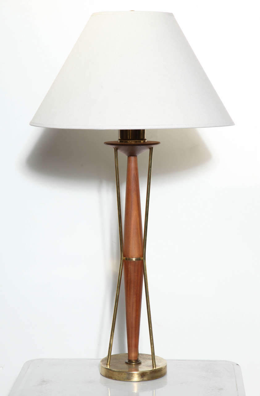 Tall American Mid Century Modern Paul McCobb for Directional Birch and Brass Table Lamp. Featuring a slender Birch form with Pecan finish and round patinated Brass base. Shade shown for Display only (18W x 7W x 10H). Desk. Reading. Den. Study.