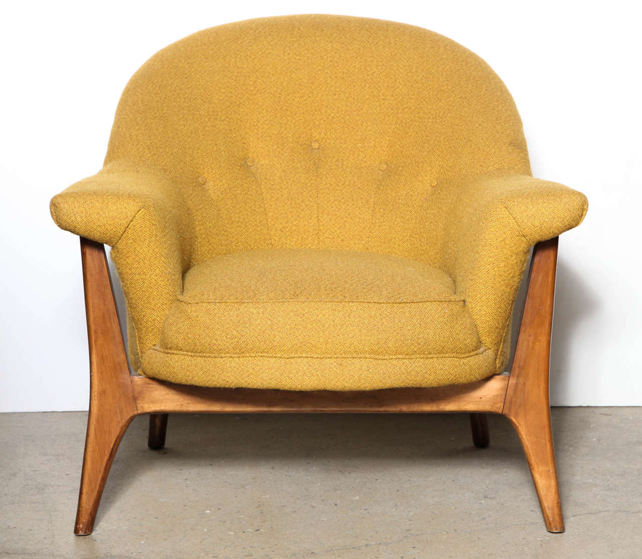 Wide and comfortable Organic Modern Adrian Pearsall for Craft Associates  tufted Club Chair on a sturdy Walnut frame with original Mustard fabric.  
Ready for reupholstery