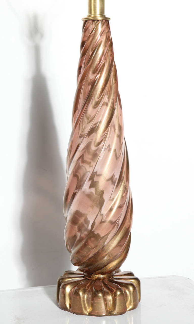 Italian 1950's Monumental Seguso Murano Glass Translucent Brown, Pink, Gold Twist Lamp