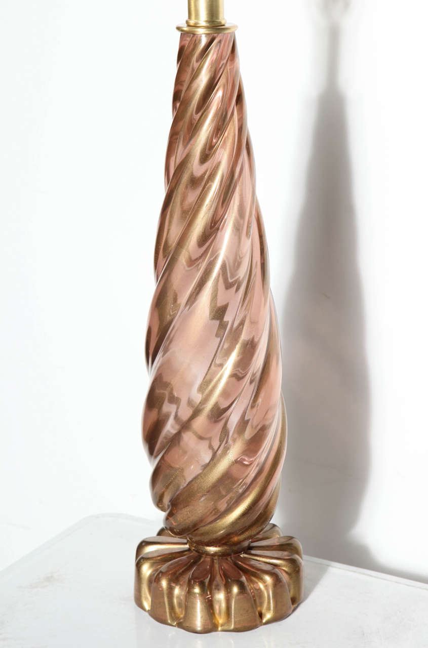 1950's Monumental Seguso Murano Glass Translucent Brown, Pink, Gold Twist Lamp In Good Condition In Bainbridge, NY