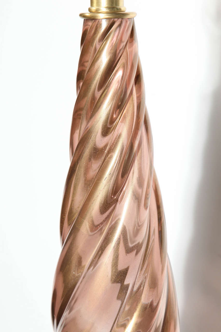 Brass 1950's Monumental Seguso Murano Glass Translucent Brown, Pink, Gold Twist Lamp