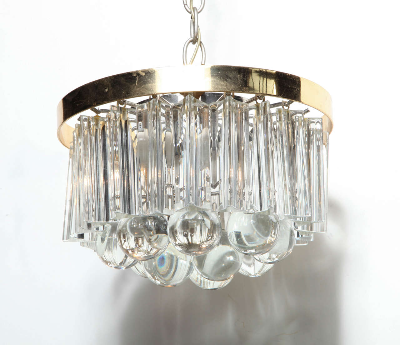 small J.T. Kalmar of Austria Brass and Crystal Flush Mount Brass and Crystal Lamp or Hanging Lamp.  The European Modern Lamp features a round Brass (10