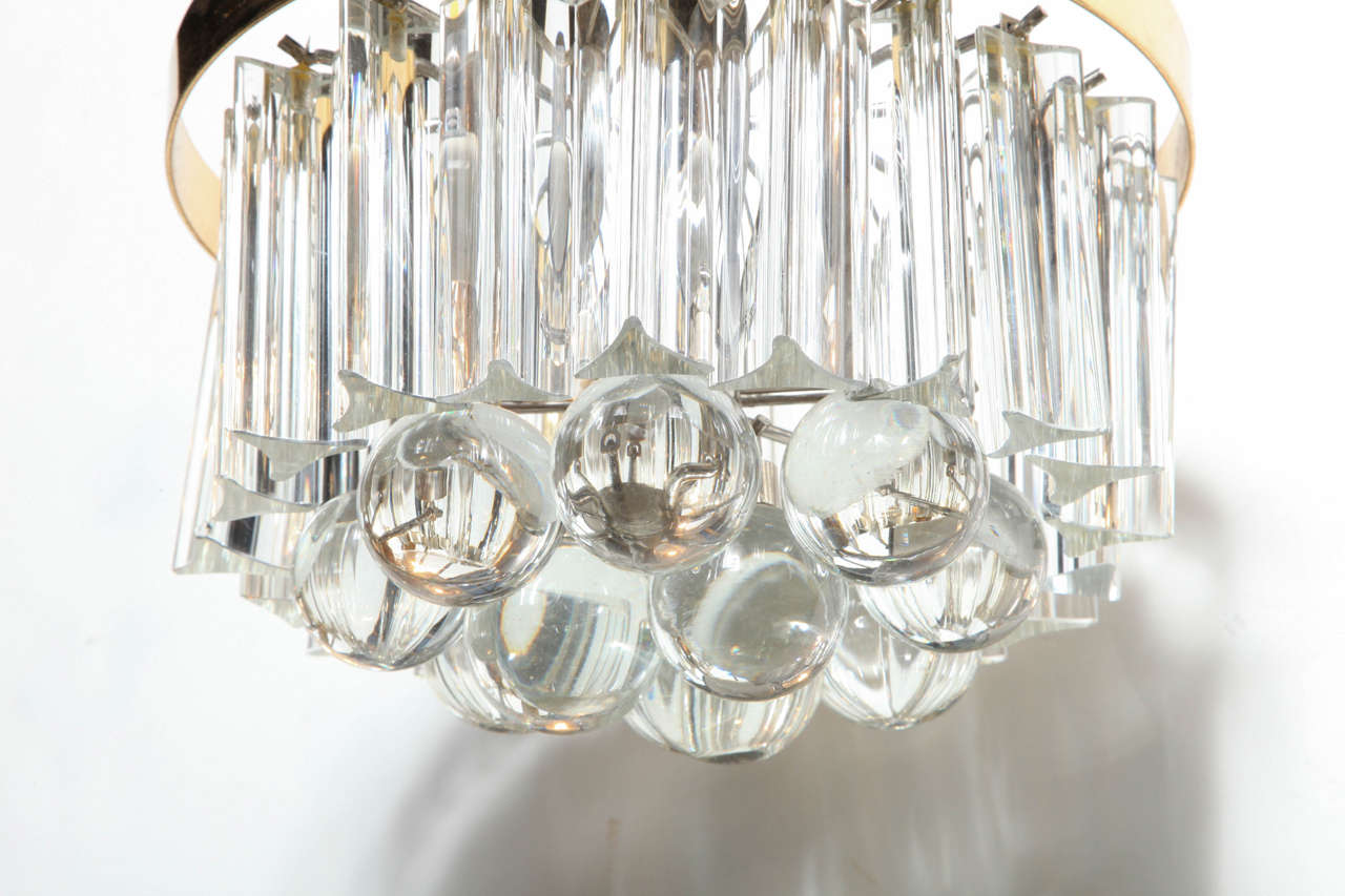 Modern petite J.T. Kalmar of Austria Brass Ceiling Lamp with 31 Drop Crystal Pendants