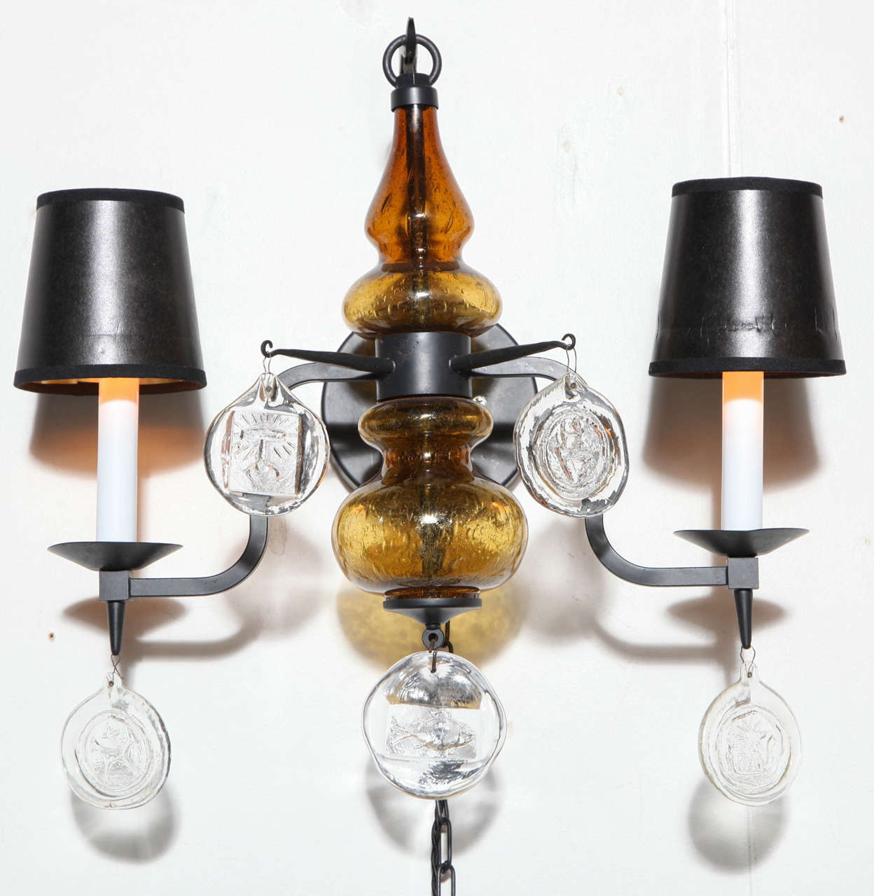 1950's Erik Hoglund Wall Lamp accentuated by Axel Stromberg Ironworks 2 Wrought Iron arms, Boda Nova Glasswork Amber Glass and 5 round hand crafted 3