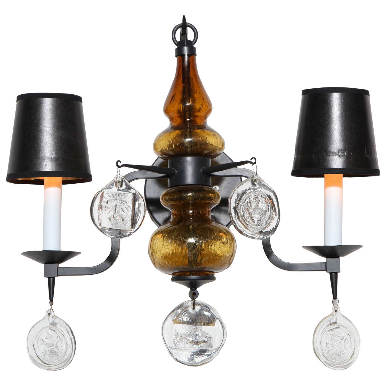 Erik Hoglund Boda Nova Glass and Axel Stromberg Black Iron Candlestick Sconce