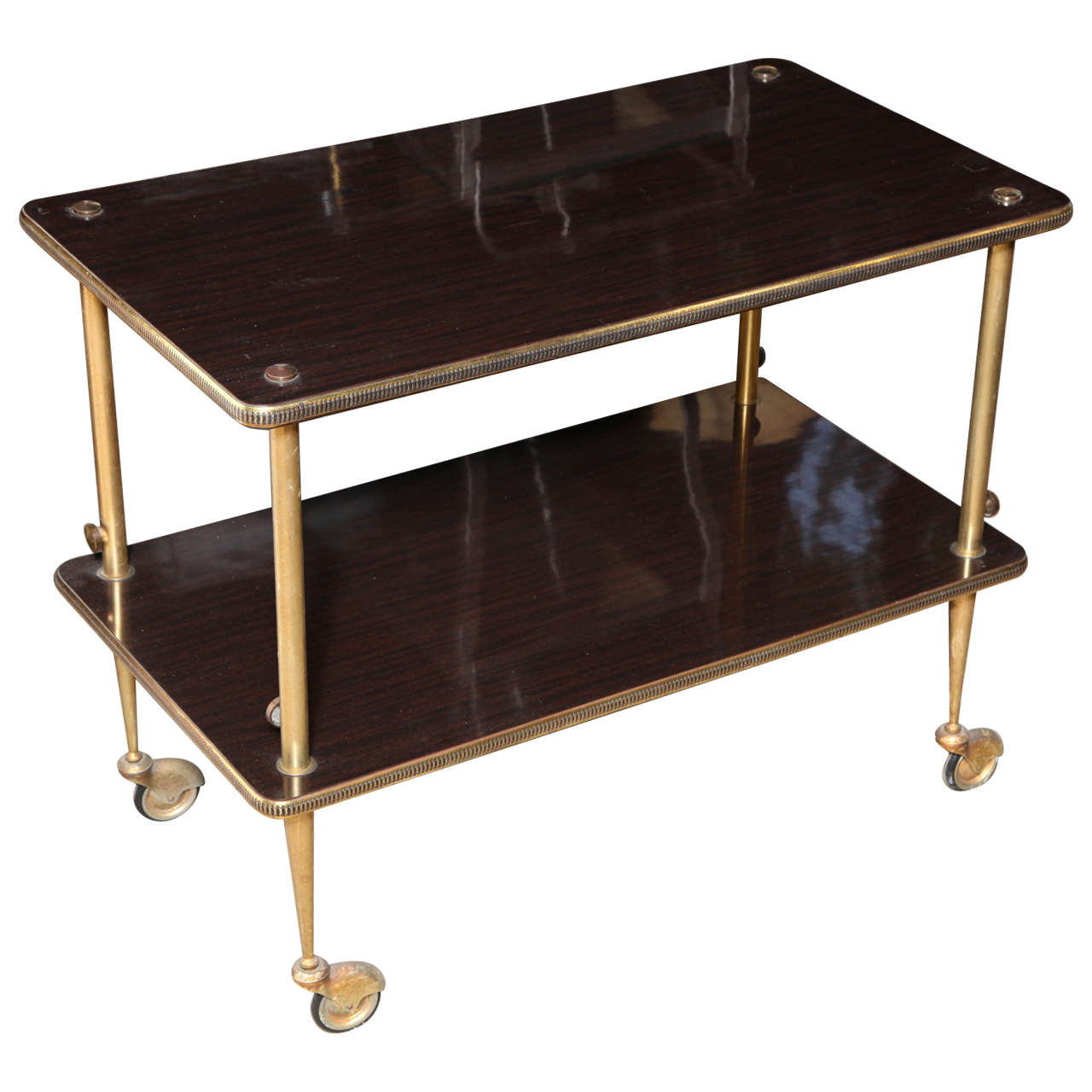 1950's Italian Modern Two Tier Rosewood and Brass Rolling Table 