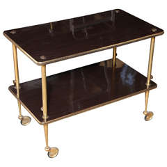 1950's Italian Modern Two Tier Rosewood and Brass Rolling Table