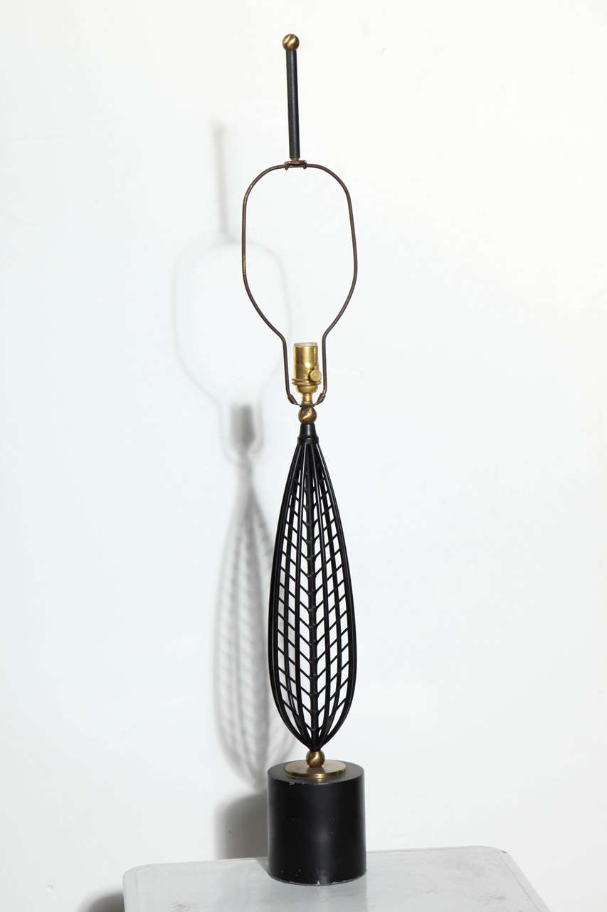 Substantial Sculpted Black Steel, Black Wire Leaf Table Lamp by Laurel