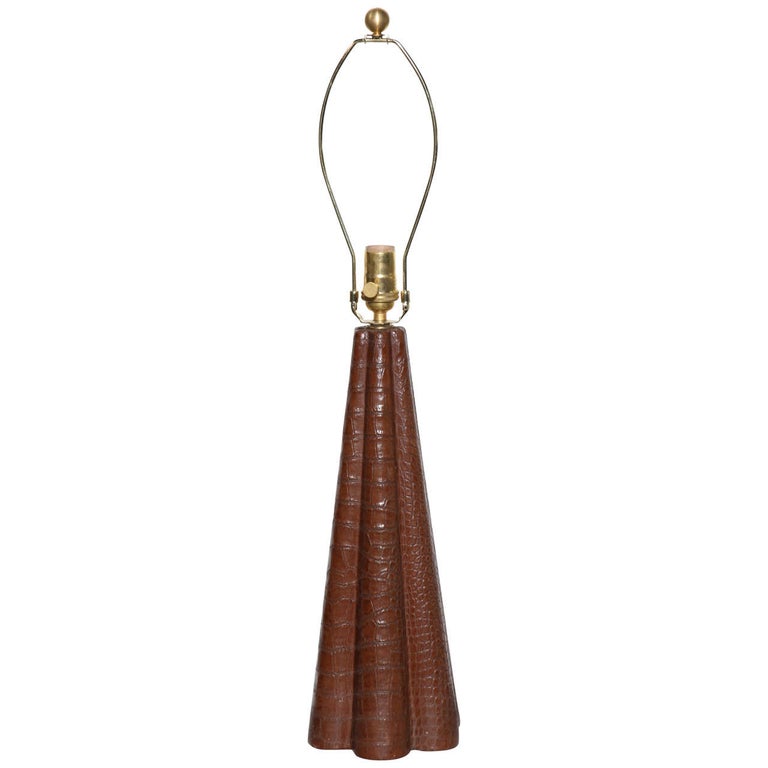 Paul Dupre-Lafon Style Scalloped Brown Alligator Leather Table Lamp, C ...