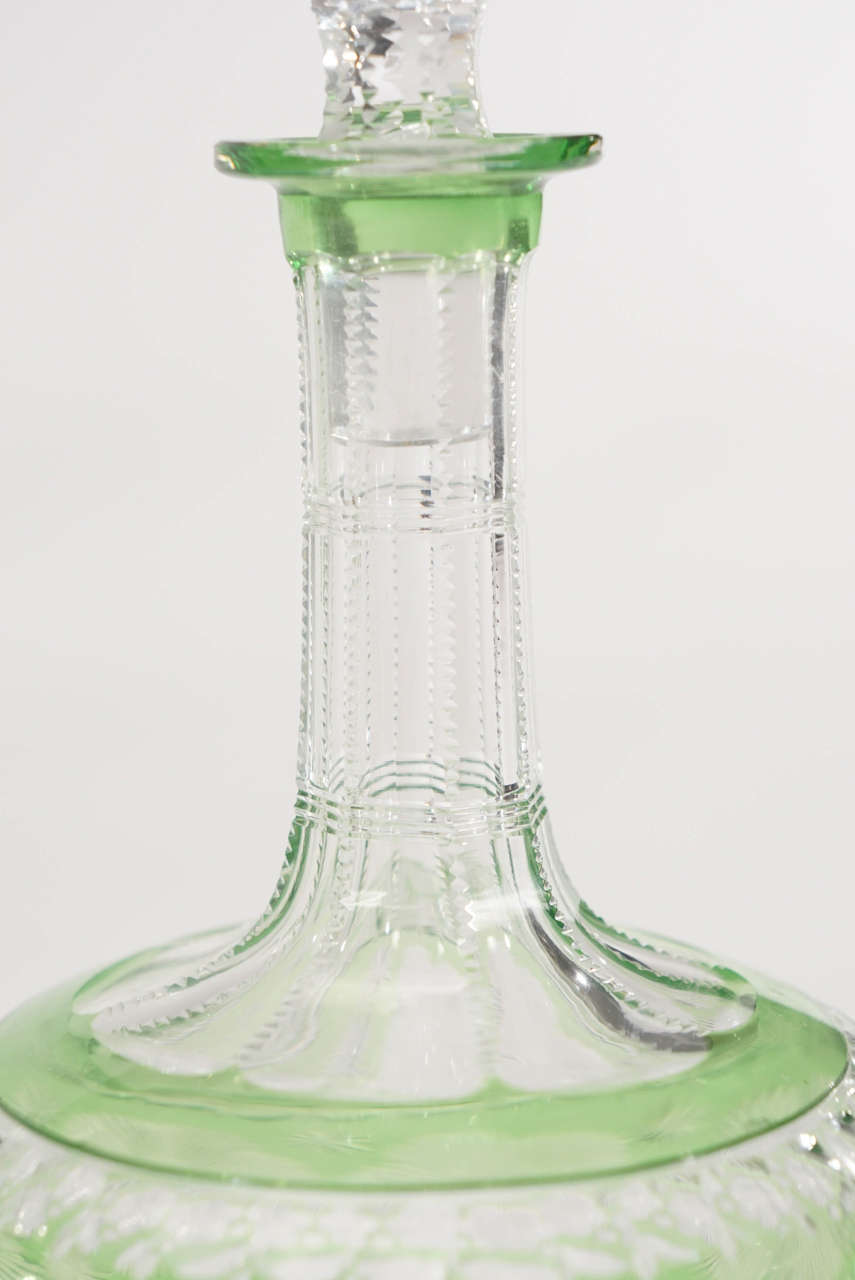 Engraved Webb Hand Blown Apple Green Overlay Crystal Decanter Set W/ 12 Cordials For Sale