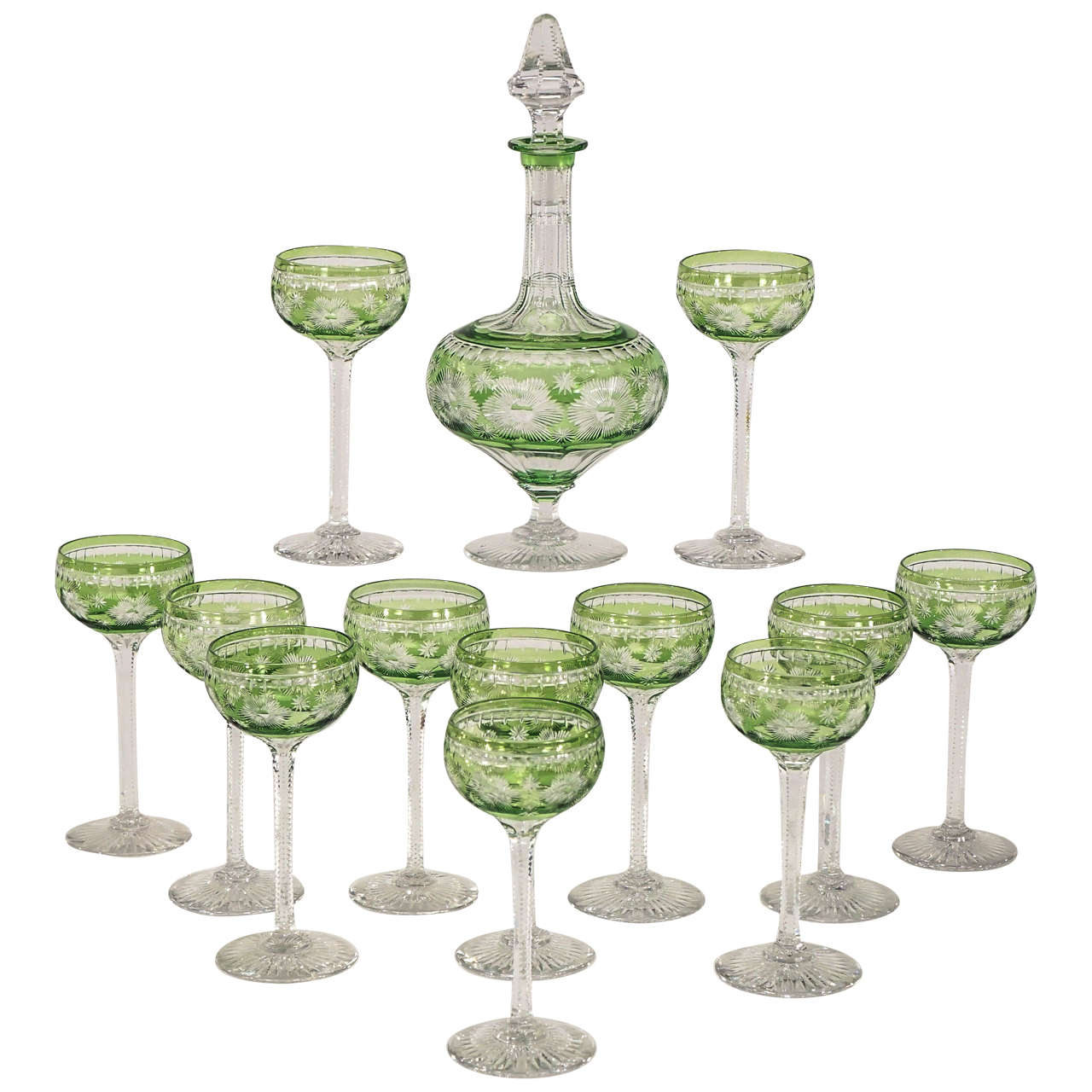 Webb Hand Blown Apple Green Overlay Crystal Decanter Set W/ 12 Cordials For Sale