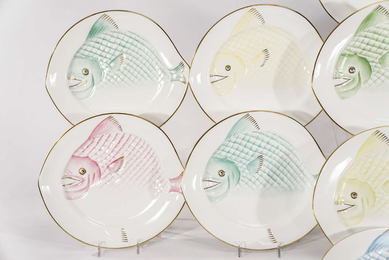 British 12 Royal Worcester Fish Plates Harlequin Pastels with Gold Trim Art Deco Style