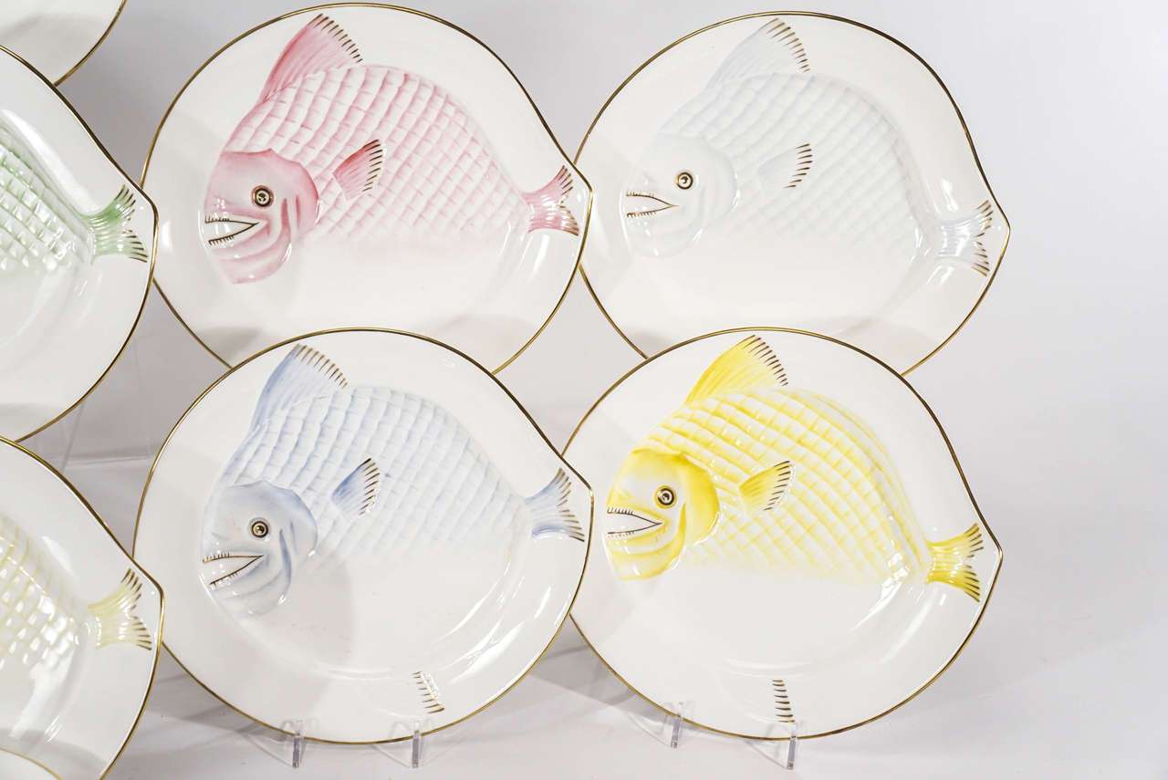 12 Royal Worcester Fish Plates Harlequin Pastels with Gold Trim Art Deco Style In Excellent Condition In Great Barrington, MA