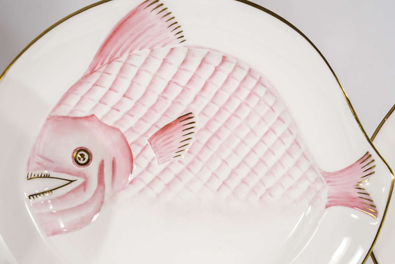Mid-20th Century 12 Royal Worcester Fish Plates Harlequin Pastels with Gold Trim Art Deco Style