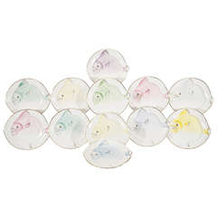 12 Royal Worcester Fish Plates Harlequin Pastels with Gold Trim Art Deco Style