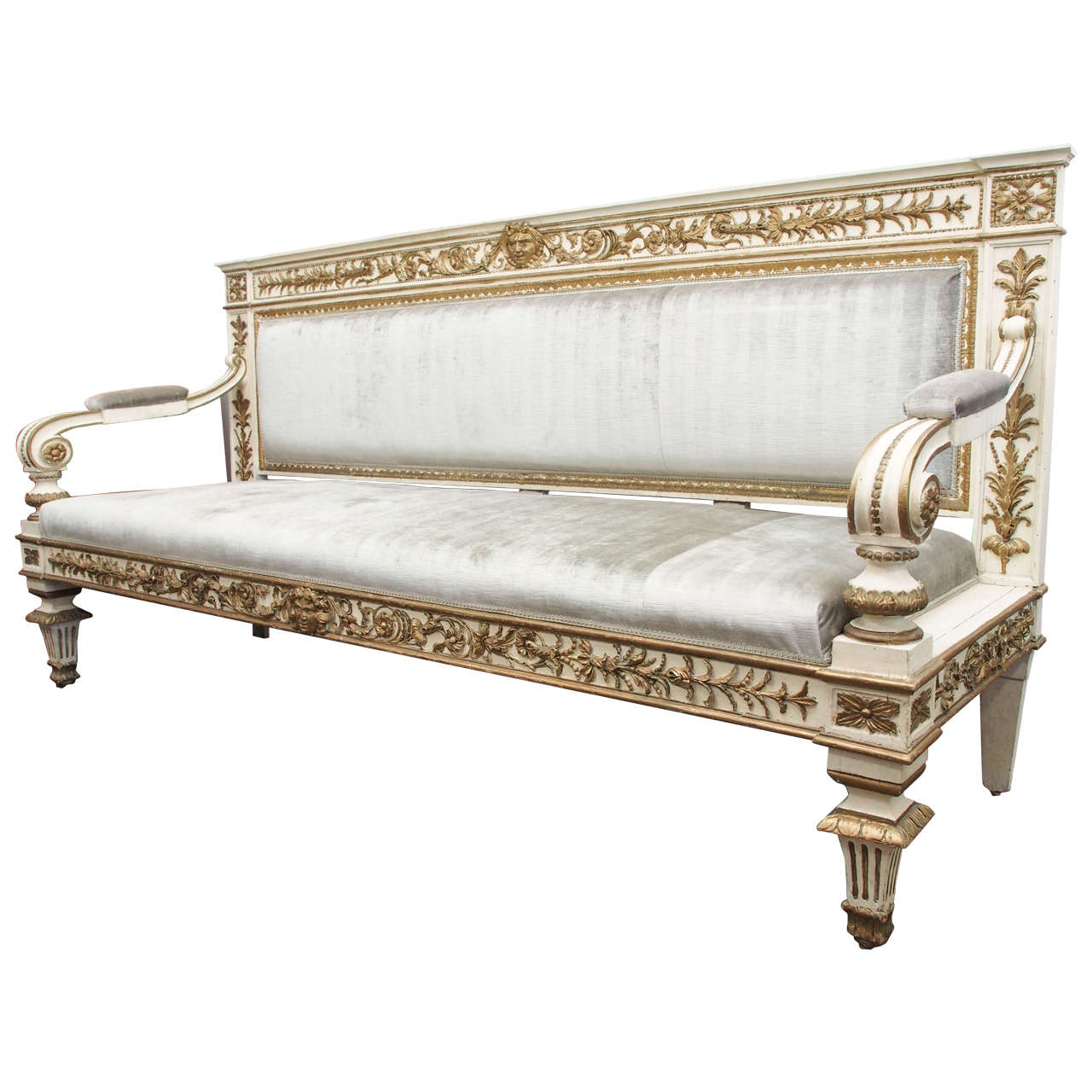 Italian Neoclassical Carved Creme and Parcel-Gilt Settee For Sale