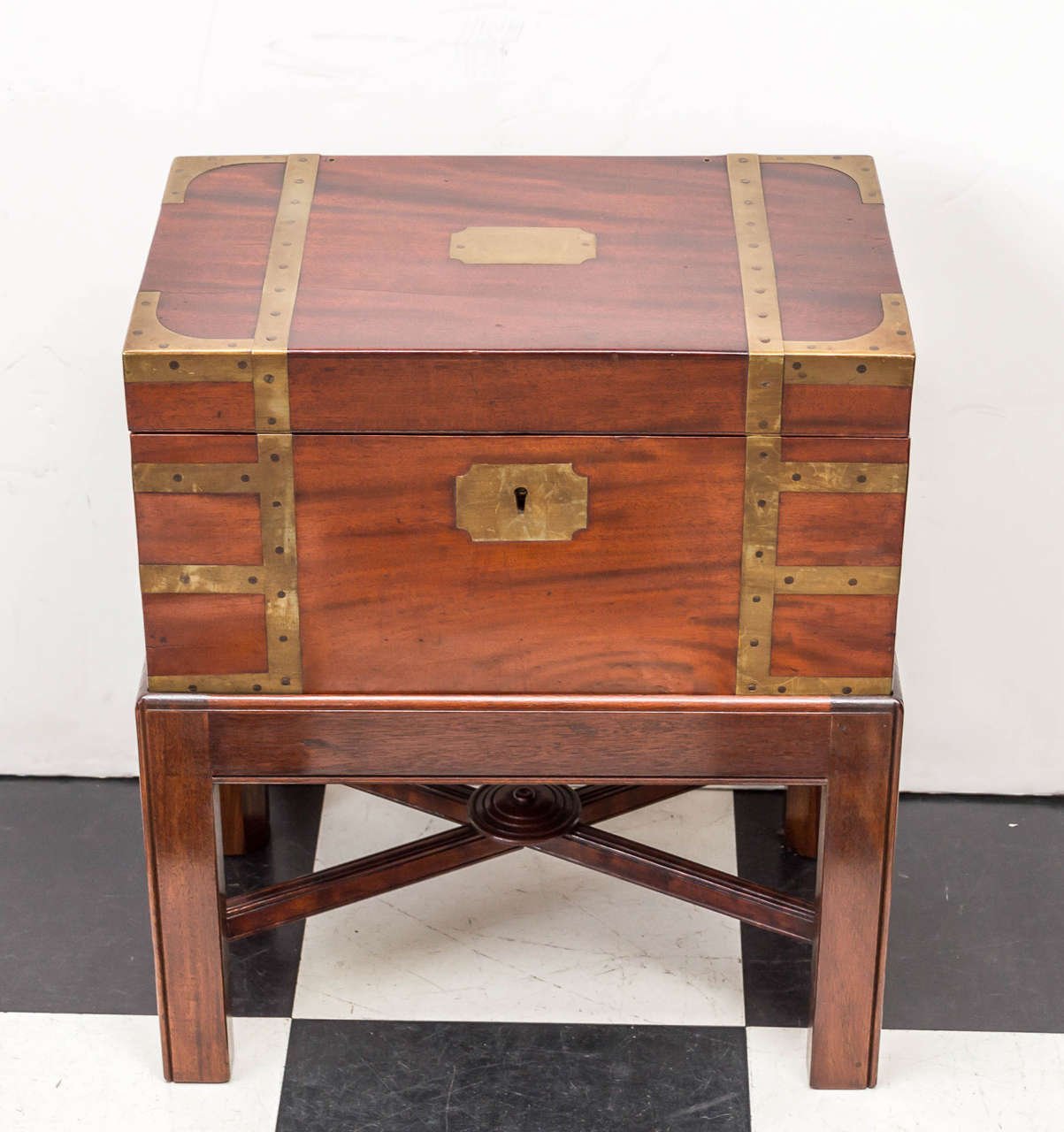 19th c. English Regency fitted writing box on stand. Hidden compartment fitted with three small drawers. Original ink pots, side drawer and writing surfaces. Custom mahogany later stand. Includes keys to all locks. Circa 1815.