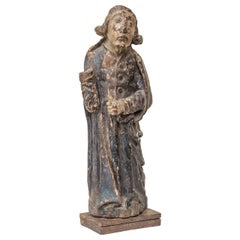 Antique 16th Century French Oak Polychrome Statue of Saint Maudez