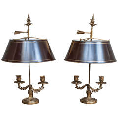 Pair of Louis XV Bronze Bouillotte Lamps with Tole Shades, France, circa 1925